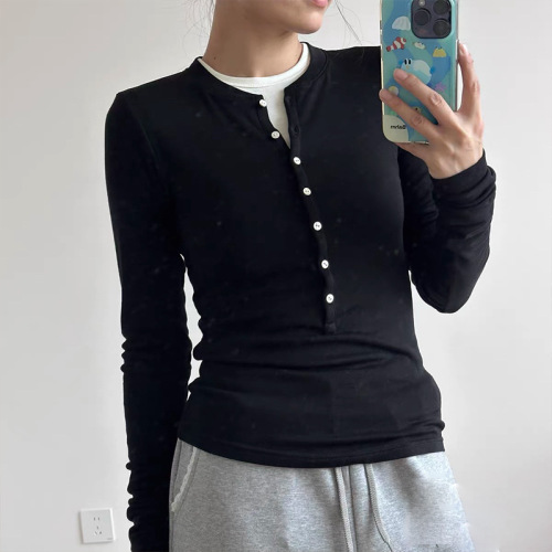 Moses Queen Semi-Open Collar Slim Fit T-shirt Women's Autumn/Winter Long Sleeve Top Reveals Bust Large Base Shirt