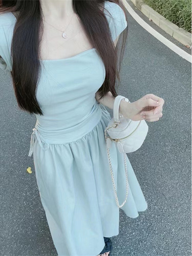 Blue Square Collar Strap Dress Women's Summer 2025 Splicing Skirt High-end Feeling Slimming Long Dress