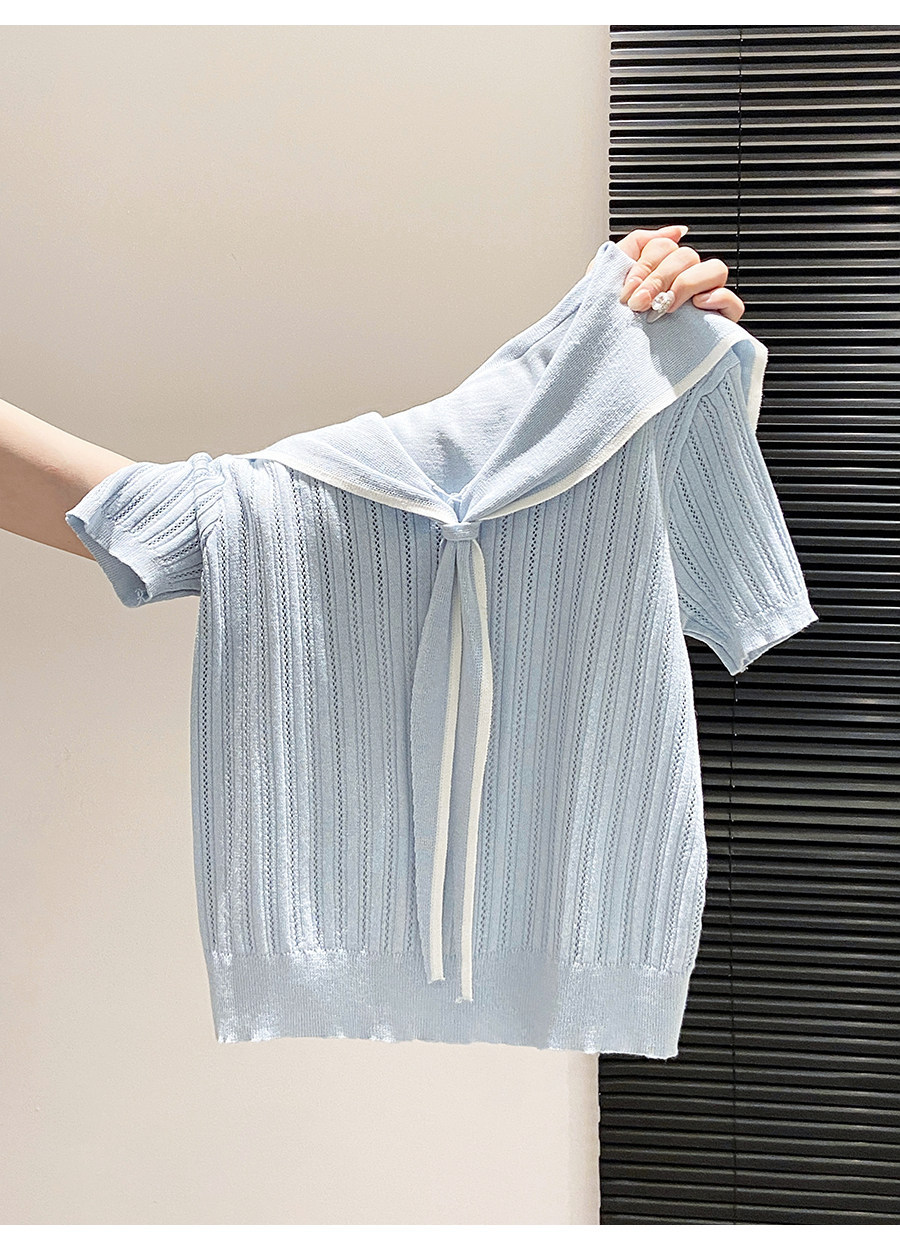 Áo thun nữ cổ tròn tay ngắn phong cách học viện cổ thuyền trưởng dáng rộng — xanh lam chi tiết 6