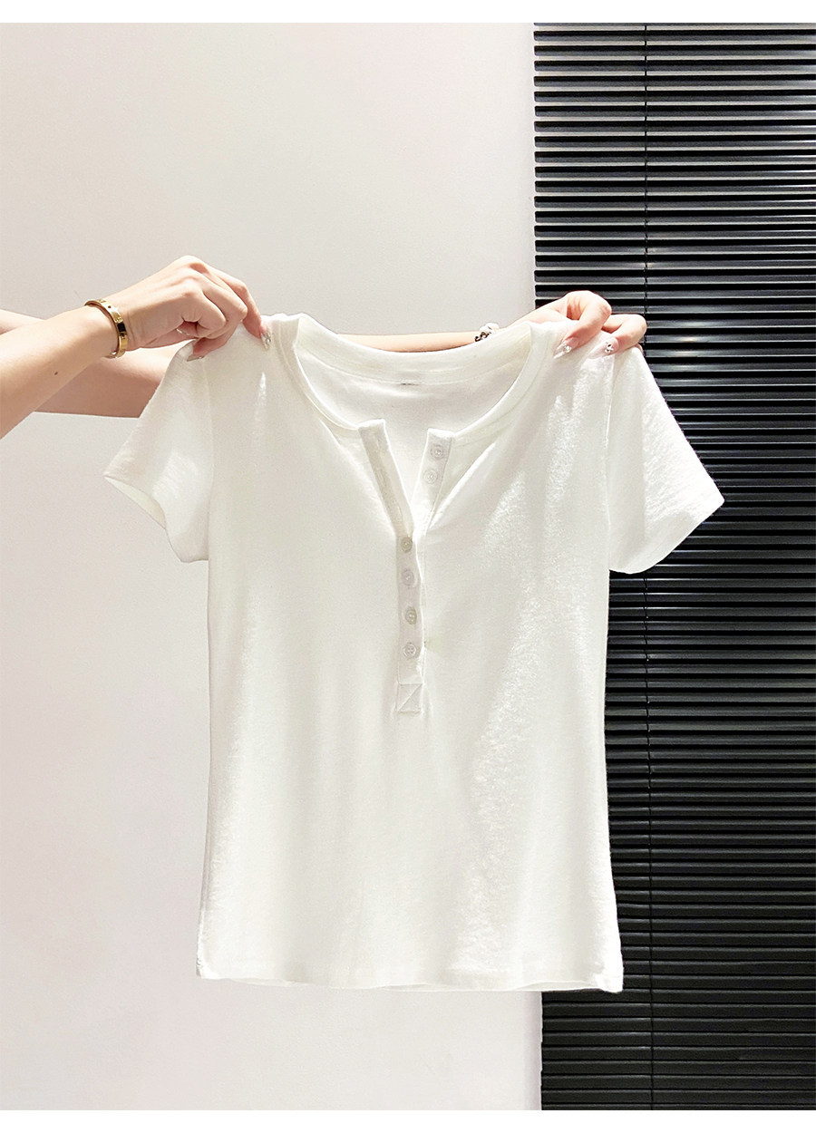 Áo thun nữ cổ bán mở tay ngắn phong cách Hàn Quốc, thiết kế đơn giản tôn dáng — màu đen chi tiết 2