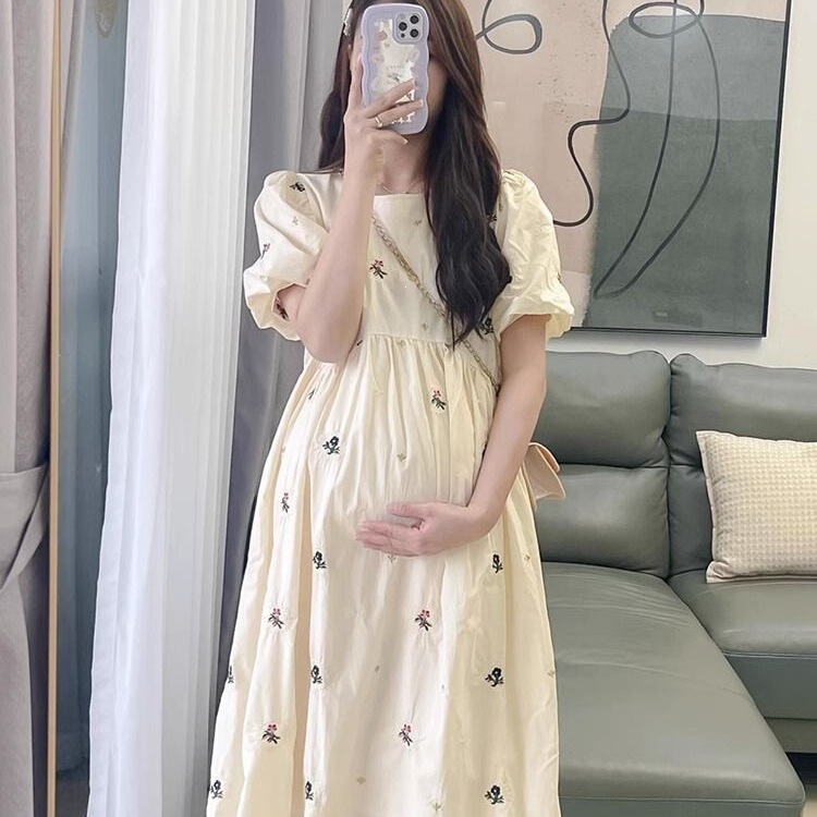 2026 New Style Maternity Summer Dress, Stylish French-Style Puff-Sleeve Floral Dress, Summer Outfit for Petite Pregnant Women