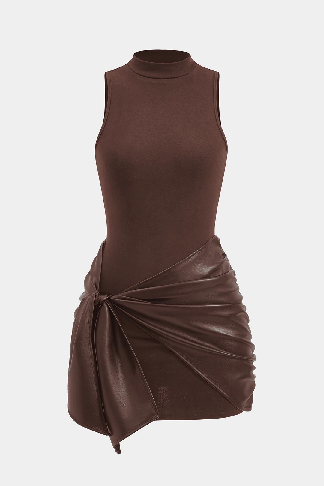 Women's Solid Color Sleeveless Mini Dress Front Tie PU Decoration Faux Two Piece_ecoleips.com
