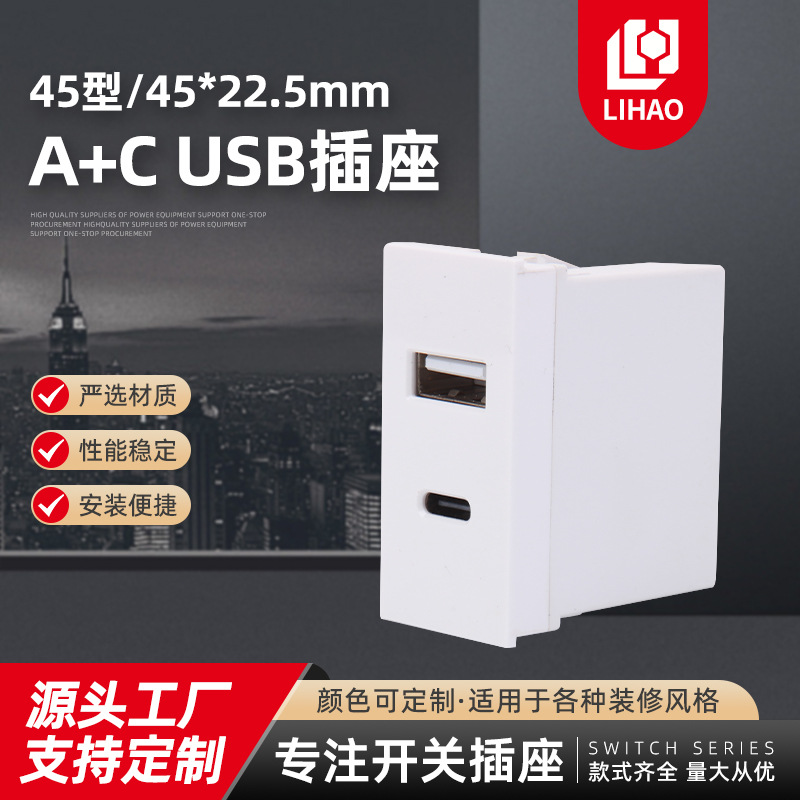 45型卡式双口USB+typec充电插座10W嵌入隐藏式充电器插座厂家直供