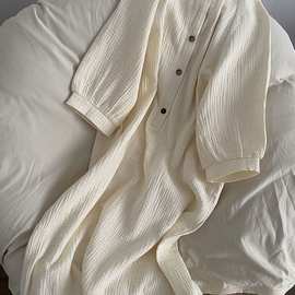 风白色新品纱布睡衣女春秋款新品感长袖睡裙宽松可外穿家居服