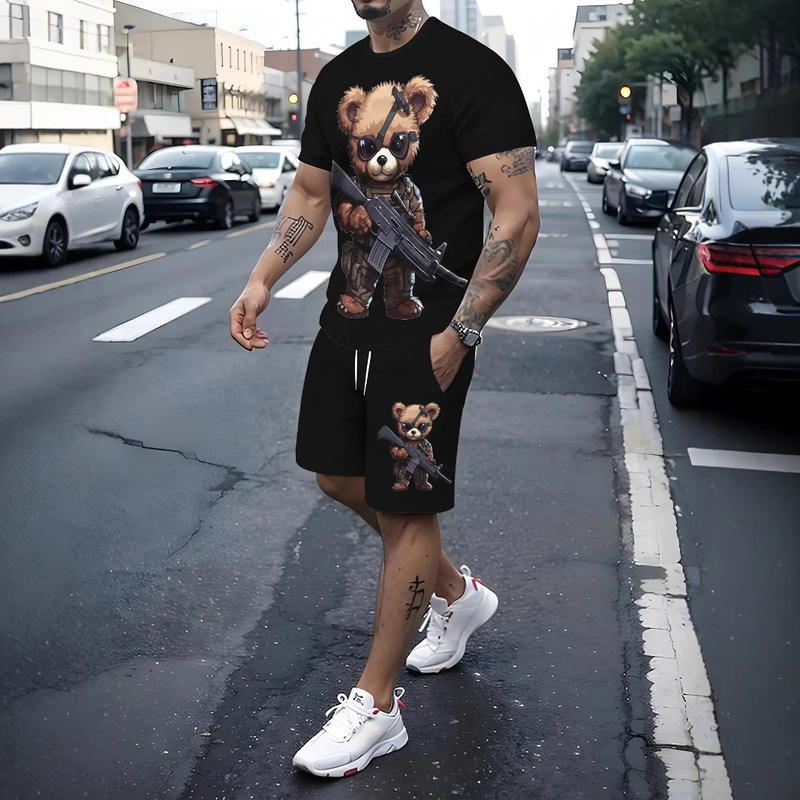 Cross-Border 2-Piece Set of 3D Cartoon Rabbit Print Men's Short-Sleeved Suit T-Shirt Summer Casual Top Outdoor Street Sports