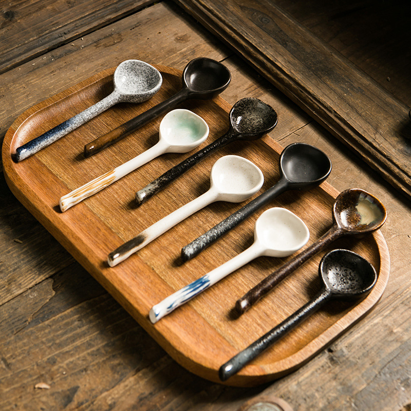 Japanese Style Creative Ceramic Long Handle Round Household Restaurant Small Soup Coffee Spoon Kitchen Utensils_voghion.com
