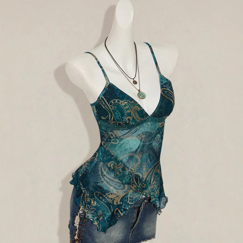 2025 New European and American Style Sexy Camisole for Women, Slim Fit, Slimming, Printed Mesh Top, Fashionable and Versatile