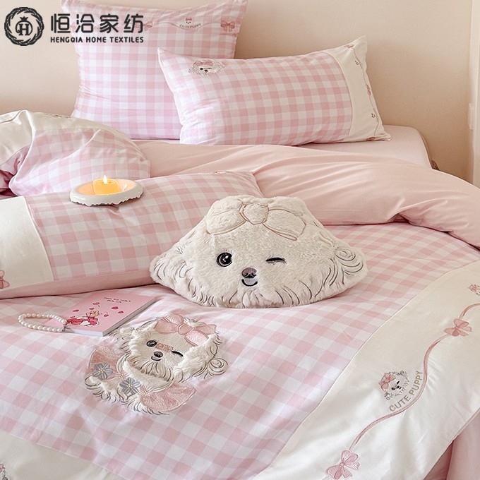Autumn and Winter Cartoon Girl Long-Staple Cotton Brushed Thickeneded Four-Piece Set Cute Embroidered Quilt Cover Bedding 1.2 Pink
