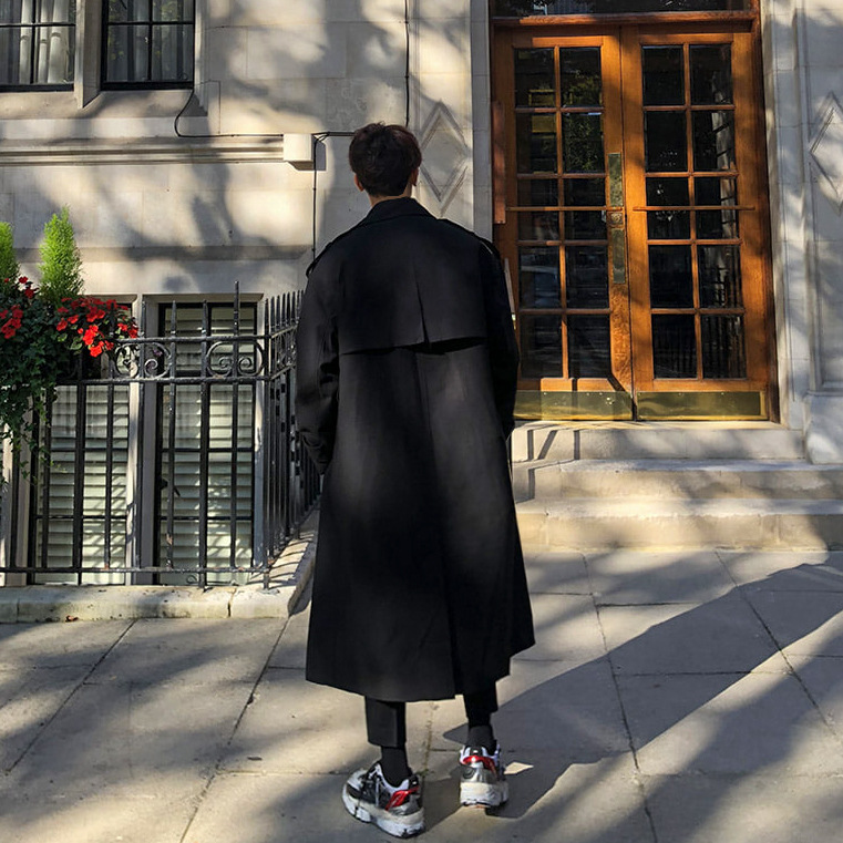 Otoño e invierno de los hombres de Hong Kong estilo de moda marca de doble botonadura de media longitud gabardina guapo sobre la rodilla de los hombres capa de abrigo suelto abrigo