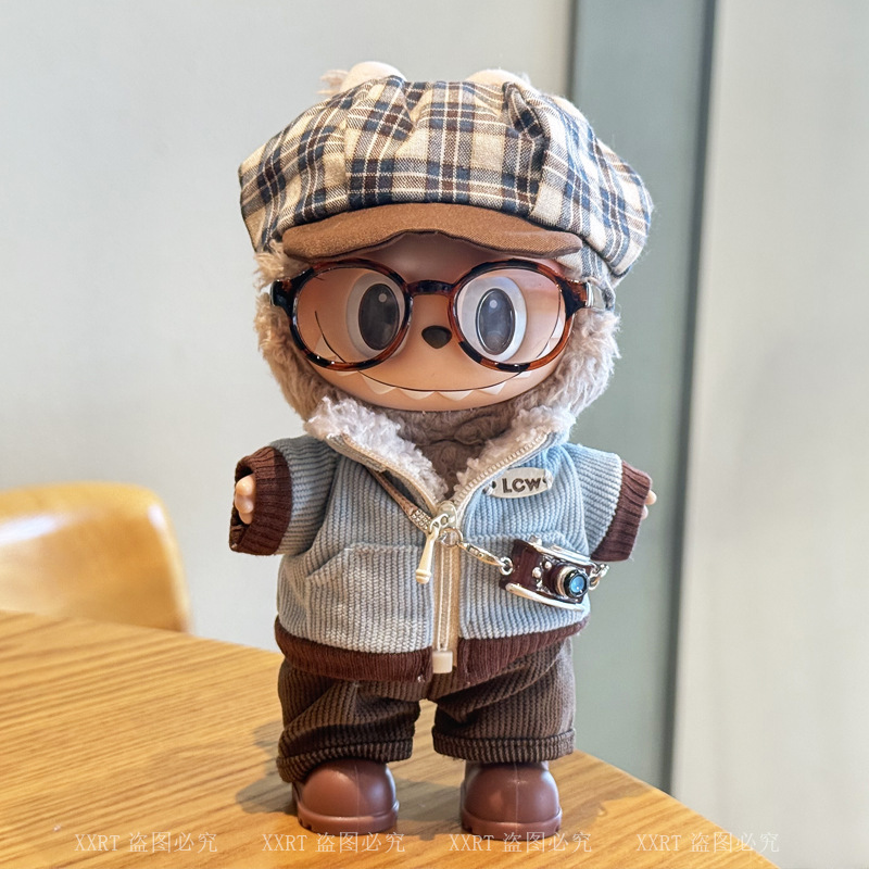 17cm First, Second and Third Generation Labubu Doll Clothes Sitting Party Vinyl Doll Hat Top Pants Suit Jacket