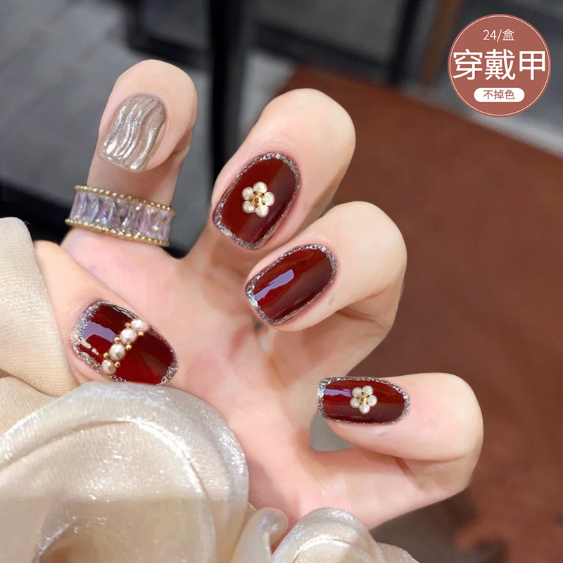 D004 Fake Nail Patch Removable Red Pearl Flower Wine Red Wholesale Wear Nail Patch Finished Short Women