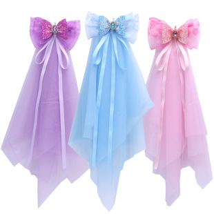 New frozen Crystal Diamond big bow ribbon lace mesh veil flower girl veil hairpin duckbill hair
