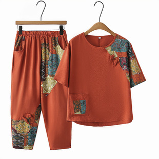 Mom's Summer Cotton and Linen Suit for Middle-Aged and Elderly Women, Short-Sleeved Ethnic Style Two-Piece Set, Grandma and Elderly Summer Clothes, Thin