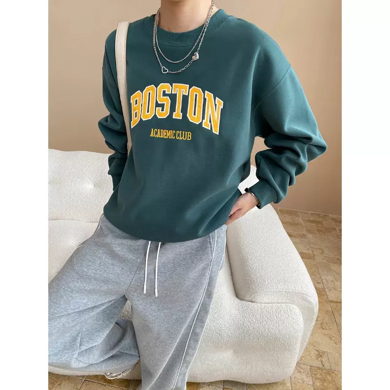 司南 私服挚爱 美式复古字母印花休闲宽松圆领落肩袖卫衣 SN7997