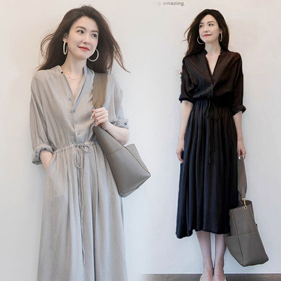 French niche dress Spring/Summer New slim-fit slimming temperament V-neck design mid-length shirt dress