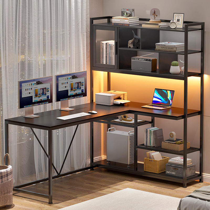 Modern simple desk with multi-layer storage rack home desktop computer desk bedroom e-sports table with LED lights