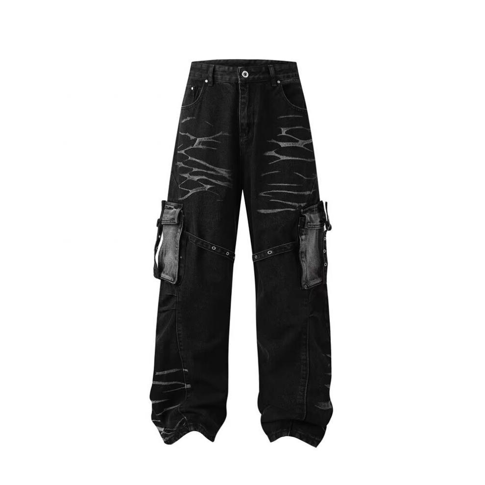 Jean cargo rétro ondulé à poches multiples et lacets pour homme, coupe droite, robuste et ample._voghion.com