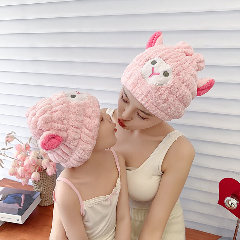 Dry hair cap wholesale coral velvet cartoon lamb absorbent dry hair cap parent-child absorbent shower cap one piece drop shipping