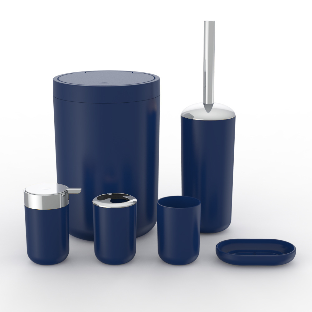 Plástico de color sólido plateado seis piezas conjunto de cepillo de dientes caja de jabón cepillo de inodoro almacenamiento baño conjunto de lavado