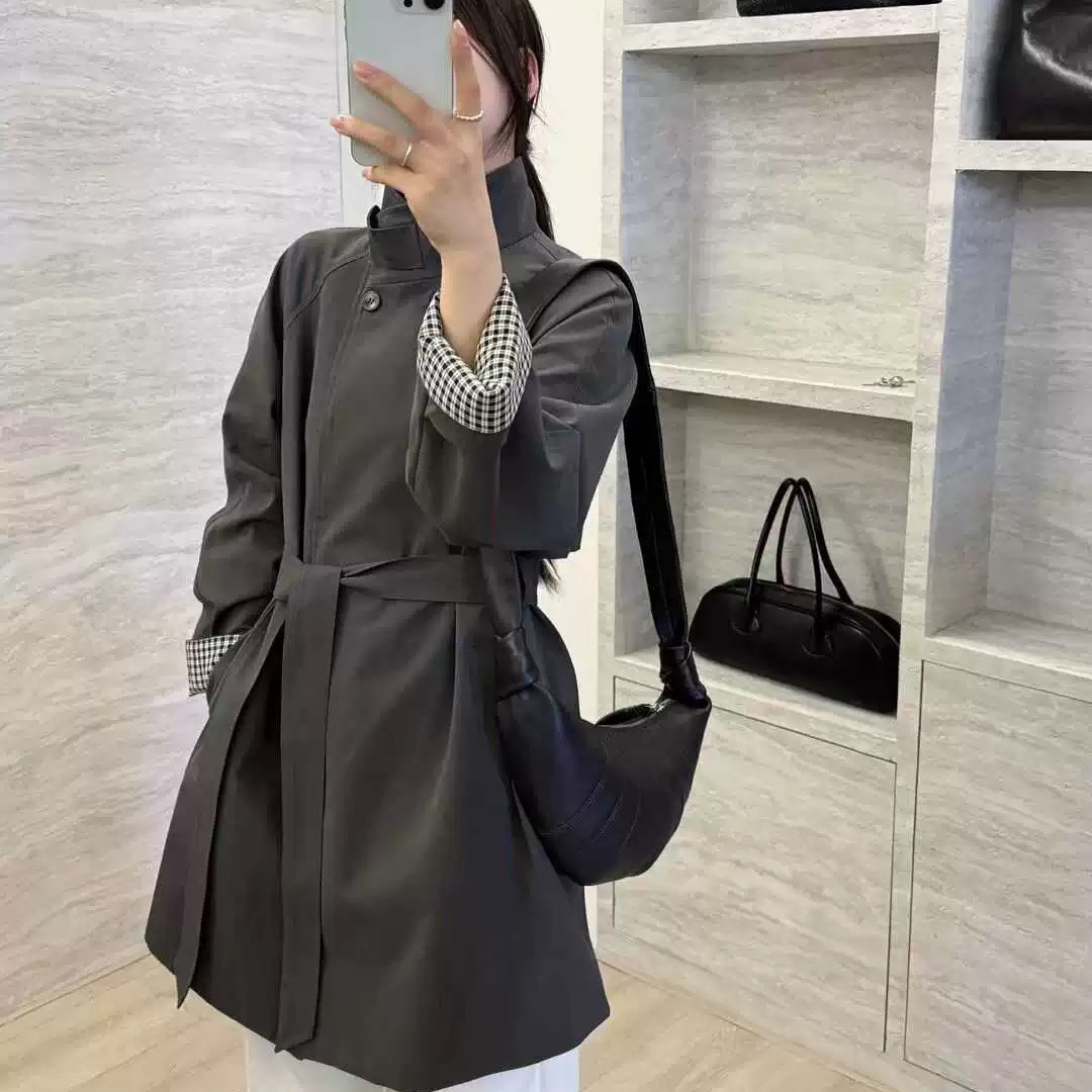 韩国格子拼接立领宽松风衣女秋季新款气质休闲中长款外套大衣