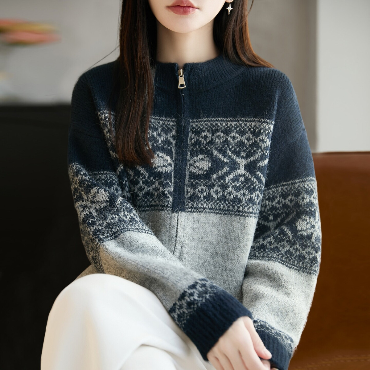 2026新款费尔岛复古拉链针织开衫外套女春秋时尚女装上衣秋冬毛衣