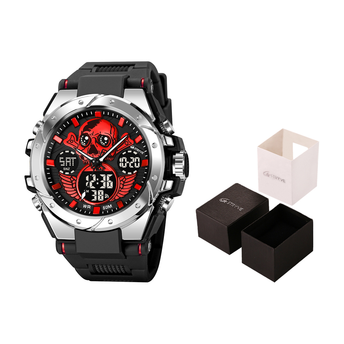 STRYVE e-commerce hombres deportes cráneo luminoso electrónico impermeable reloj multifuncional reloj entrega de una pieza 8008