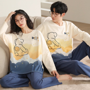 [100% cotton] couple pajamas women's spring and autumn cotton long sleeve suit men's home wear cute cartoon