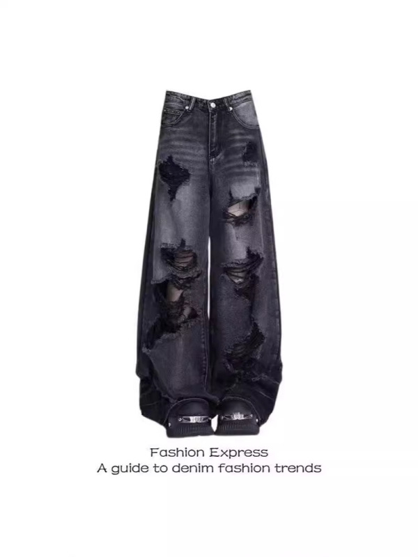 Black American Style High Street Old Ripped Wide Leg Pants for Men and Women Four Seasons Thin High Waist Loose Straight Pants
