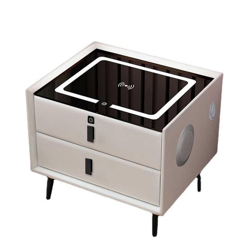 Ma ra maciza mesita noche inteligente minimalista mo rna luz cuero lujo dos cajones carga inalámbrica bluetooth audio bloqueo huellas dactilares
