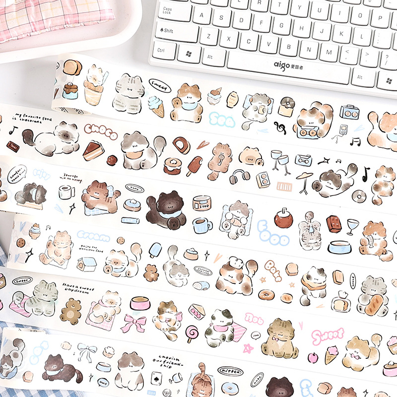 Buen registro de miau, paquete transparente a prueba de agua y caja de cinta de papel, etiqueta del diario de la cuenta de la mano de bricolaje, pegatinas de animales de dibujos animados