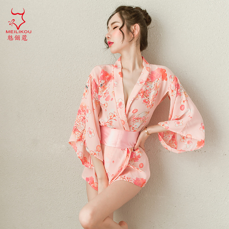 Sexy Lingerie Chiffon Printed Pajamas Short Skirt Summer Ladies Home Bathrobe Japanese and Korean Style Bow Kimono 9726
