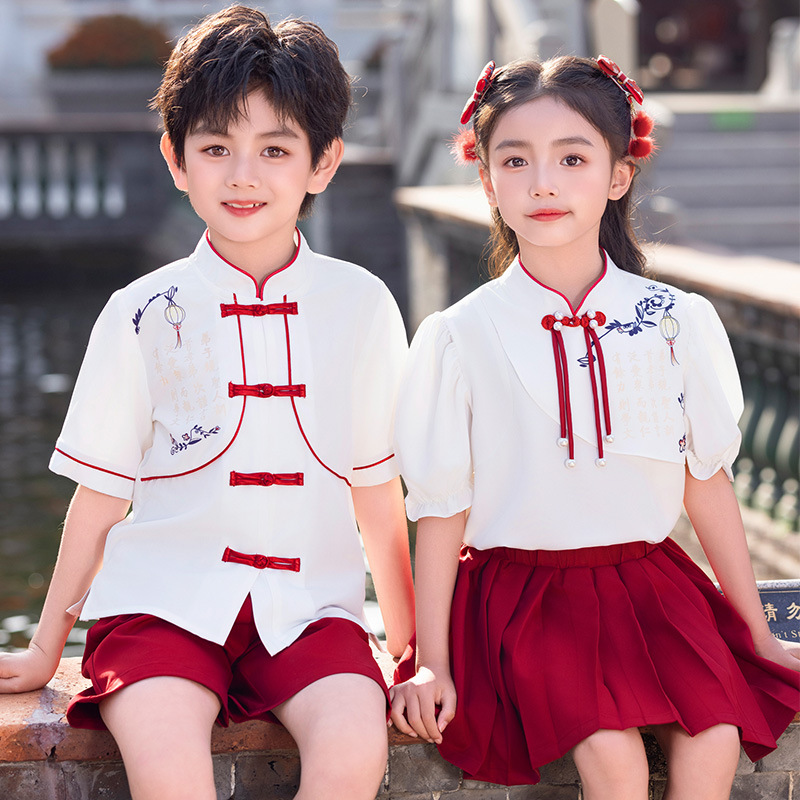 여름 세트 단결 민족 스타일 여름 통기성 경량 더블 브레스트 유치원 정원 의류 공연 의류 교실 유니폼