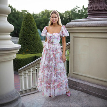 25夏英国潮牌梦幻仙气花卉网纱方领泡泡袖大摆飘逸连衣长裙礼服