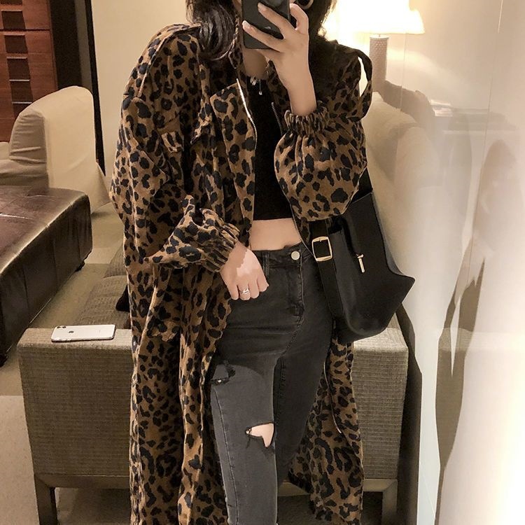 Leopard Print Trench Coat for Women, Mid-Length, Autumn 2025 Trendy New Korean Style Loose Work Jacket, Ins Fashion, Wholesale