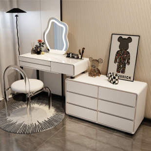 Modern Minimalist Luxury Solid Wood Vanity Table with Integrated Storage Cabinet, Internet-Famous Makeup Table in Cream Style