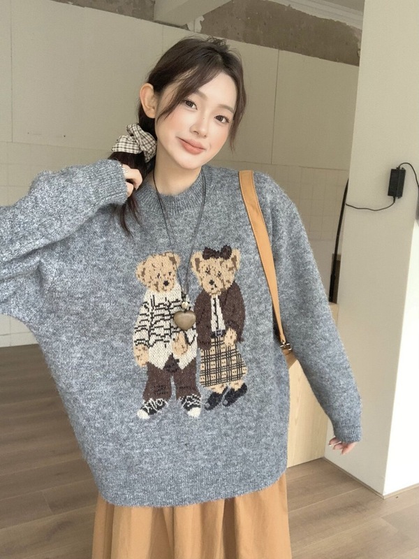 复古卡通小熊刺绣套头毛衣女2025秋冬新款韩版宽松慵懒针织外套厚|undefined