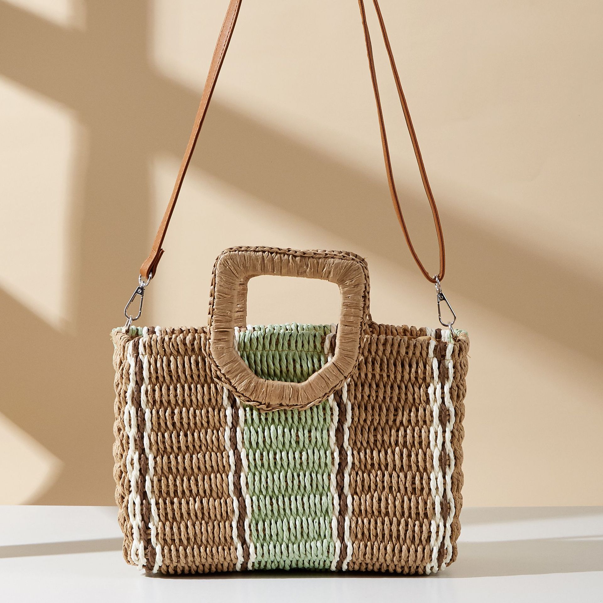 Straw Bag Bags Type Casual, Holiday Occasion Women's Paper Color Block Stripe Vacation Beach Weave Square Zipper Straw Bag