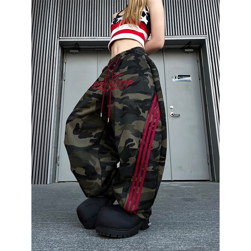 American Retro Embroidered Three-Stripe Camouflage Drawstring Casual Pants for Women 2026 Loose Jazz Dance Wide-Leg Pants American Retro Embroidered Three-Stripe Camouflage Drawstring Casual Pants for Women 2026 Loose Jazz Dance Wide-Leg Pants