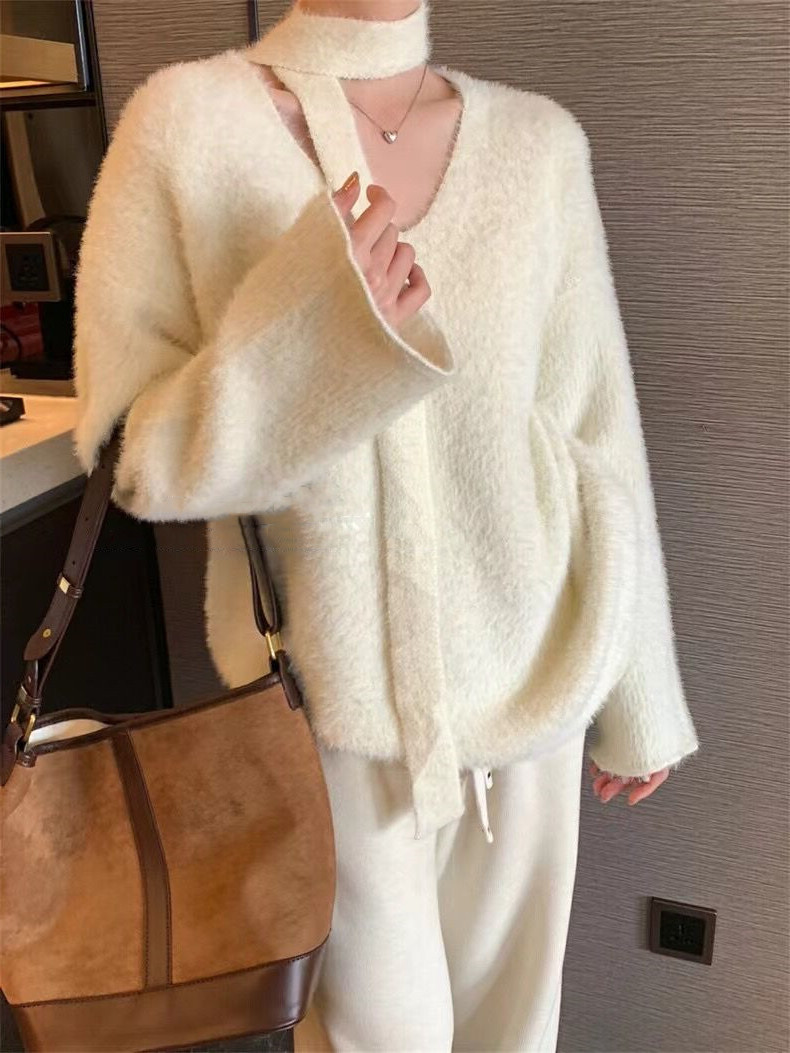 Sciarpa con scollo a V in stile coreano con pullover in pelliccia di visone, morbida maglia appiccicosa per l'autunno e l'inverno delle donne_voghion.com