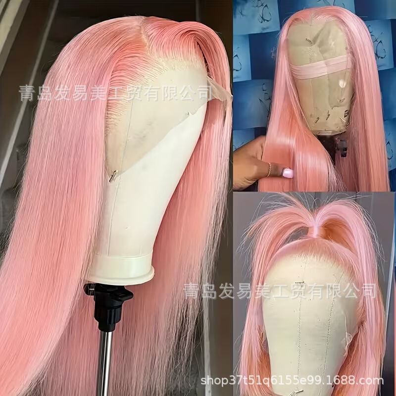 Pink lace front wig, high-temperature synthetic hair, natural-looking wig, glue-free pre-plucked hairline, long straight hair, free parting Pink lace front wig, high-temperature synthetic hair, natural-looking wig, glue-free pre-plucked hairline, long straight hair, free parting