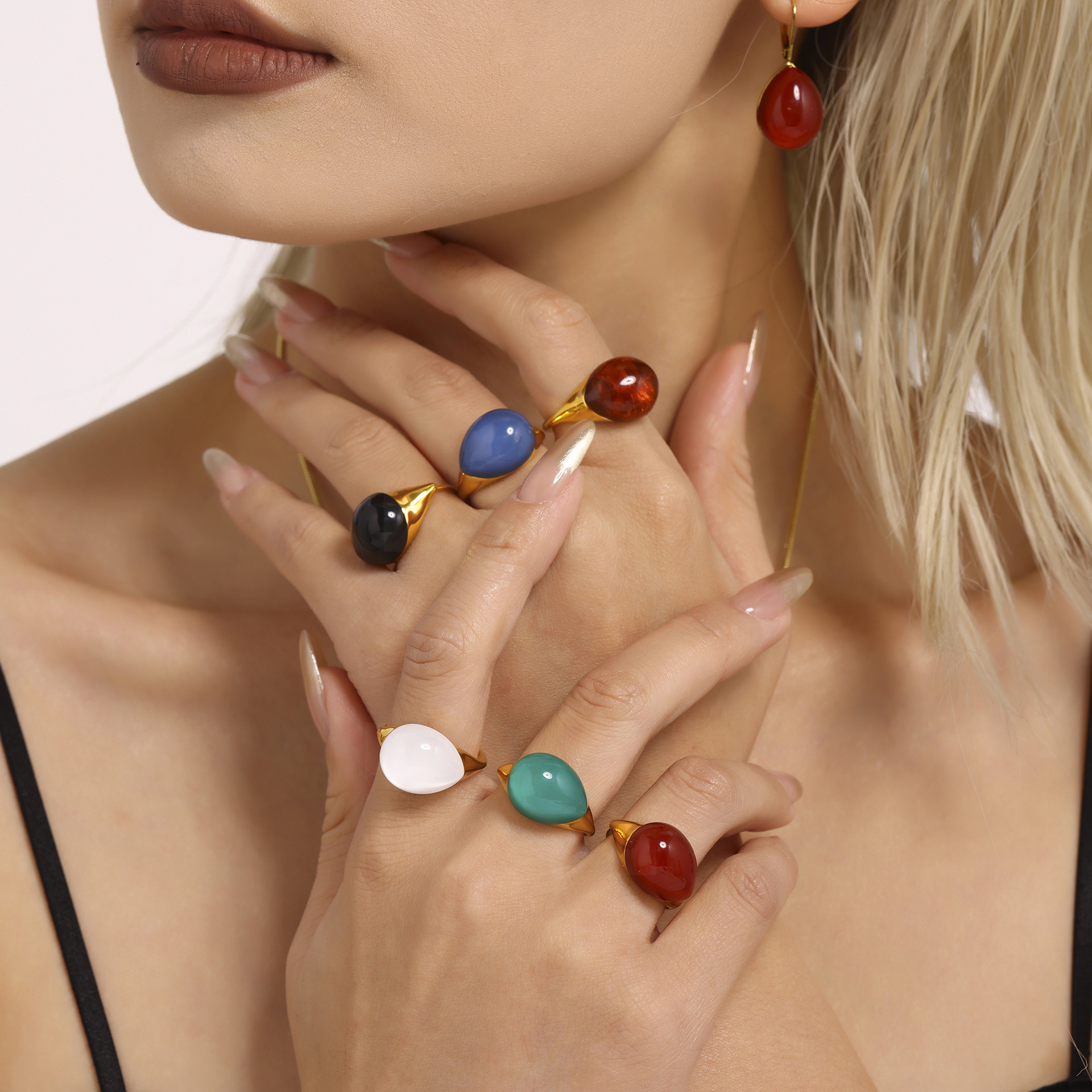 Square Candy Multi-color Droplet Shaped Resin Pendant, Pull-out Sweater Necklace, Ring, Earring, Stainless Steel Set For Women_voghion.com