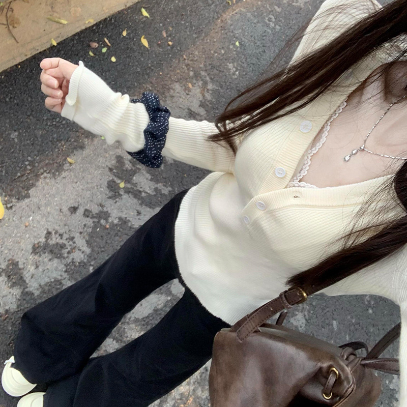 纯欲领紧身长袖针织衫女秋冬2025新款设计感修身内搭打底衫上衣|undefined