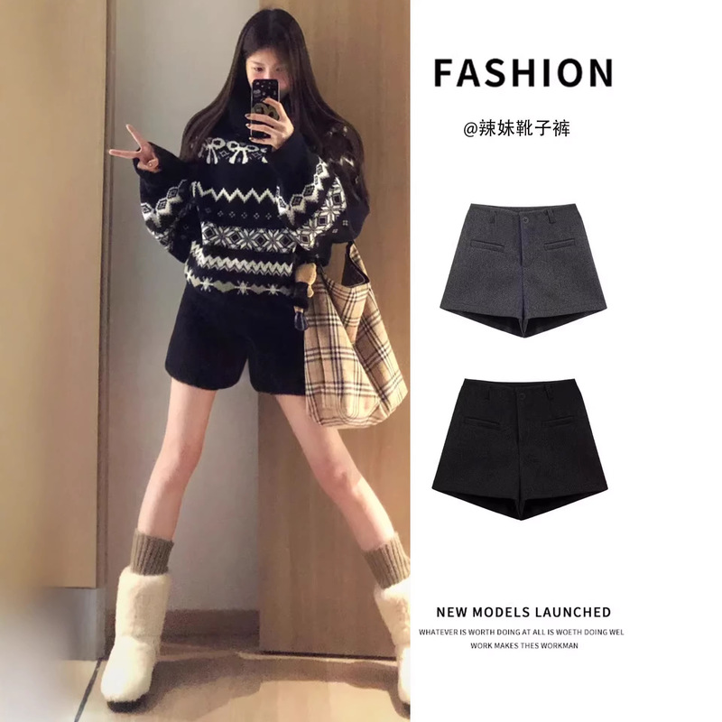 French Retro Gray Woolen Shorts for Women 2026 Spring & Fall Style High-Waisted A-Line Wide-Leg Pants with Belt Slimming Boot Pants French Retro Gray Woolen Shorts for Women 2026 Spring & Fall Style High-Waisted A-Line Wide-Leg Pants with Belt Slimming Boot Pants