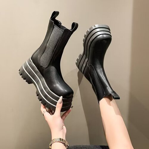 Women's Short Boots New Spring Thick Sole Slimming Mid-Calf Boots Chelsea Cylinder Boots