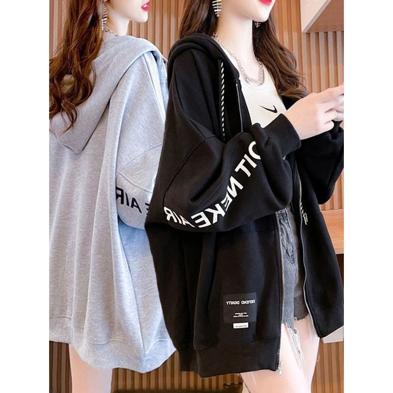 Cross-Border Autumn and Winter Zipper Women's Sweatshirt Pocket Loose New Korean Spring and Autumn Versatile Hooded Cardigan Letter Jacket