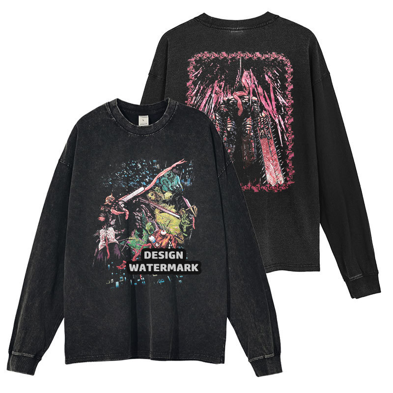 Anime Chainsaw Man Printed Long-Sleeved T-Shirt Lesa Magima Washed Old American Sweatshirt Trendy Brand