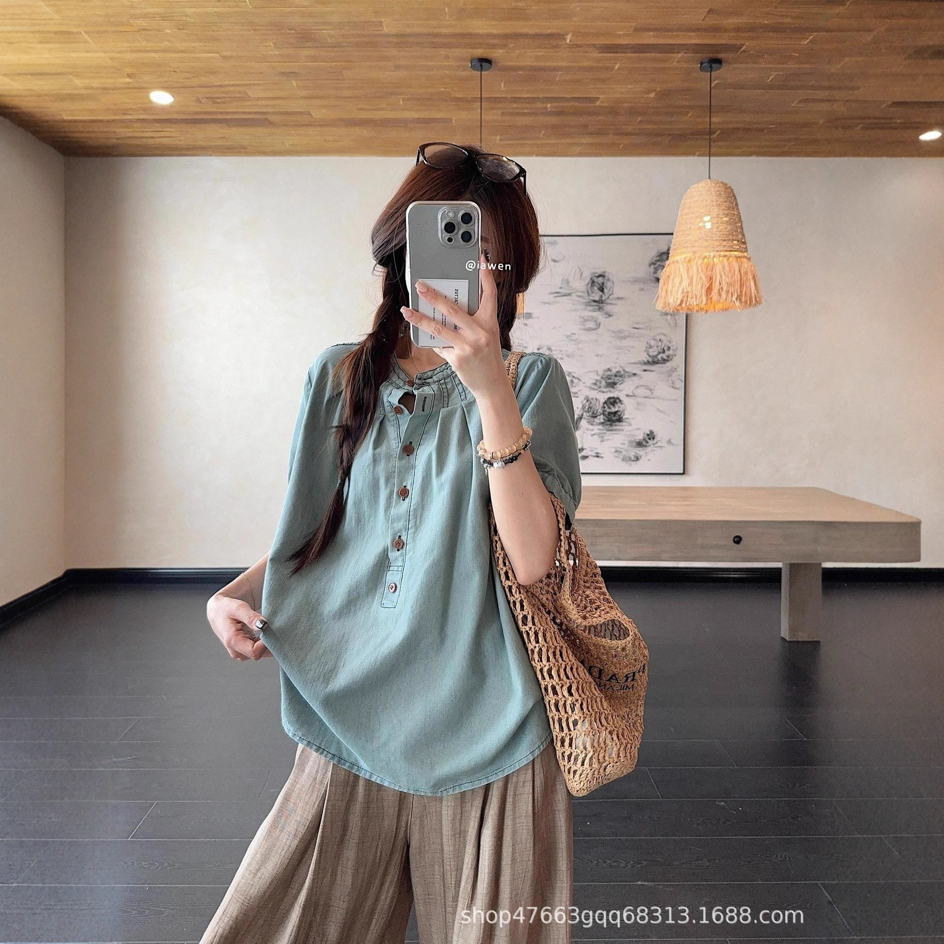 Japanese-Style Retro Denim Shirt for Women Summer 2025 New Round Neck Pleated Versatile Lazy Casual Top