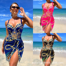 欧美新款爆款连体泳衣女性感美背印花比基尼罩衫两件套外贸bikini