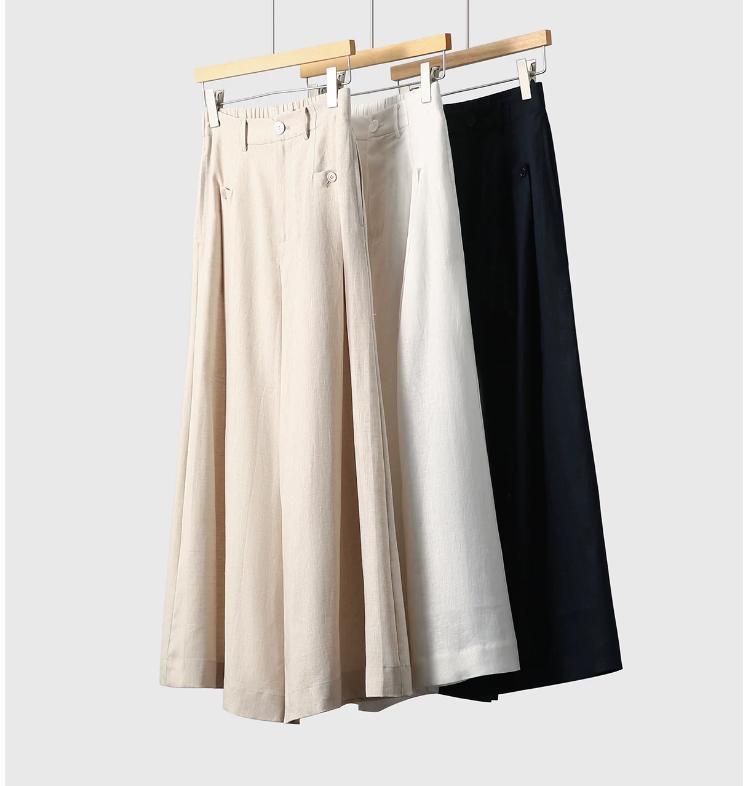 Quần culottes nữ ống rộng chất liệu linen mát mẻ mùa hè — Xanh lông mòng đen, màu trắng, màu mơ chi tiết 2