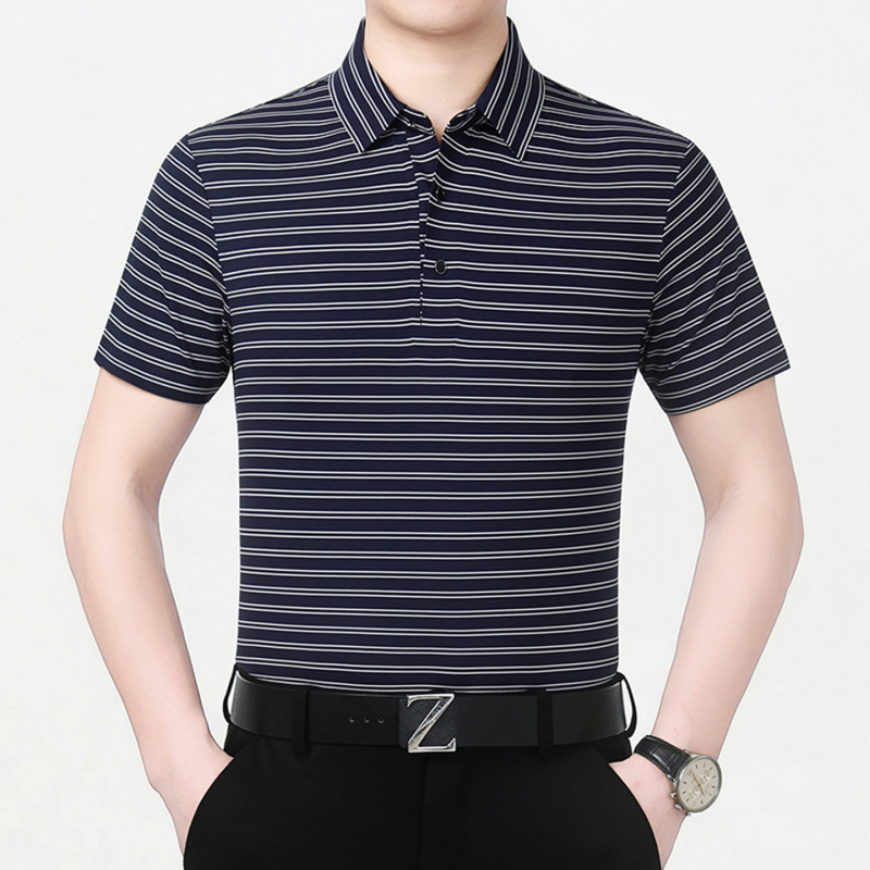 Middle-Aged Dad's Casual T-Shirt, Men's Classic Striped Thin Top, Trendy Age-Reducing Versatile Polo Shirt with a Turn-Down Collar and Short Sleeves